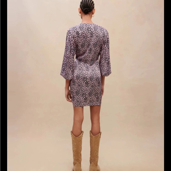Maje Draped Drawstring Leopard Print Satin Dress Sz 42 XL Purple NEW NWT - Picture 8 of 11